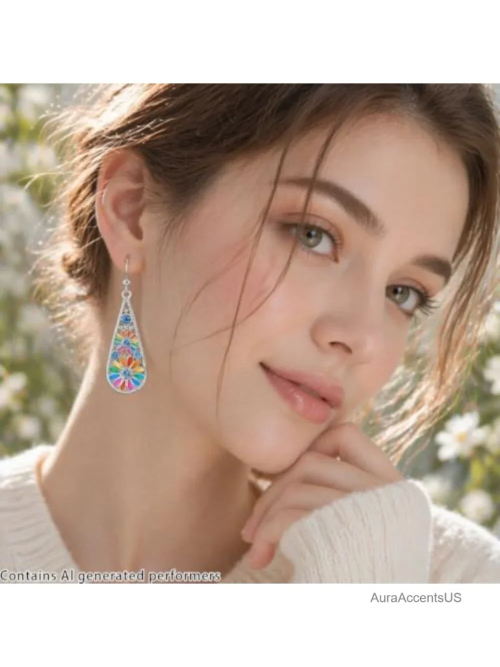 Bohemian Crystal Teardrop Pendant Dangle Earrings, Enamel Flower Hook Earrings,